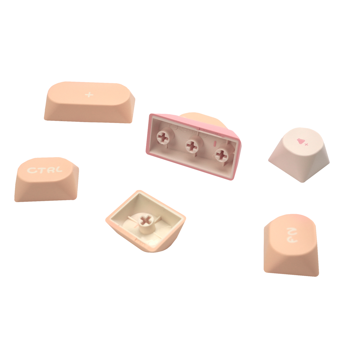 Pastel PBT keycap set with coral and cream keycaps, cross icons, angled views