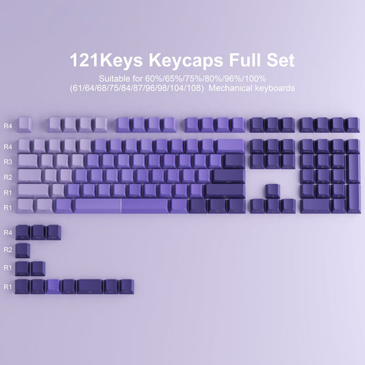 121-key Cherry profile PBT keycap set with side-printed legends, purple and gray gradient.