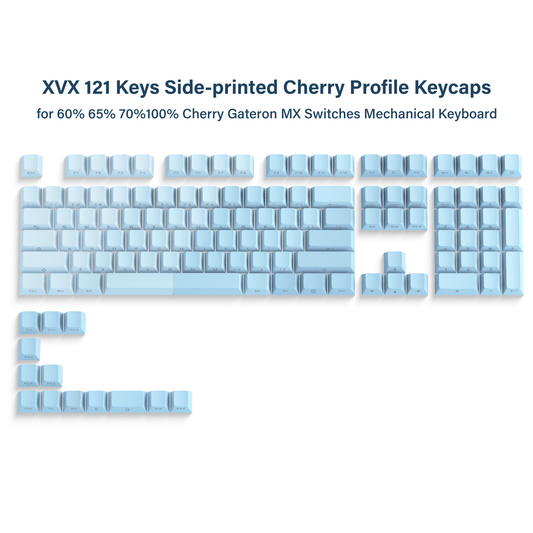 121-key Cherry profile PBT keycap set with side-printed legends, light blue gradient.