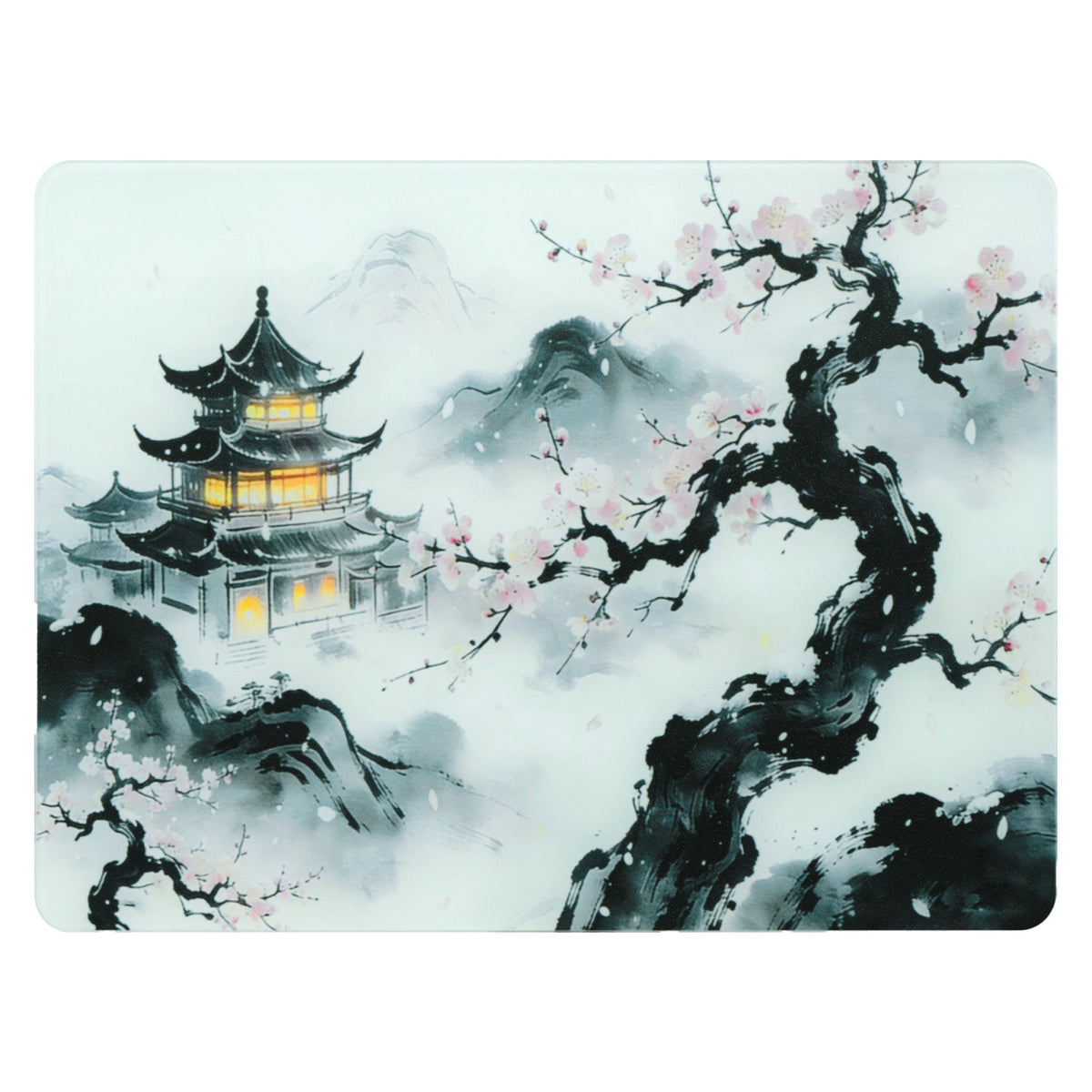 Tempered glass mouse pad with pastel Asian pagoda and warrior artwork, rectangular