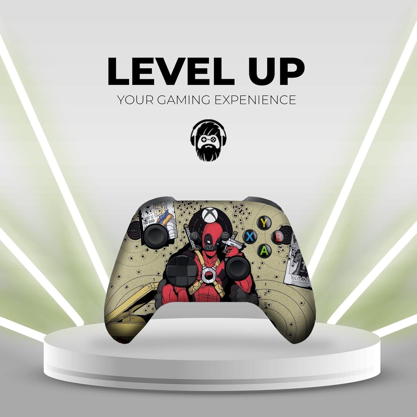 Beige wireless Xbox controller with Deadpool comic headshot print on front grip