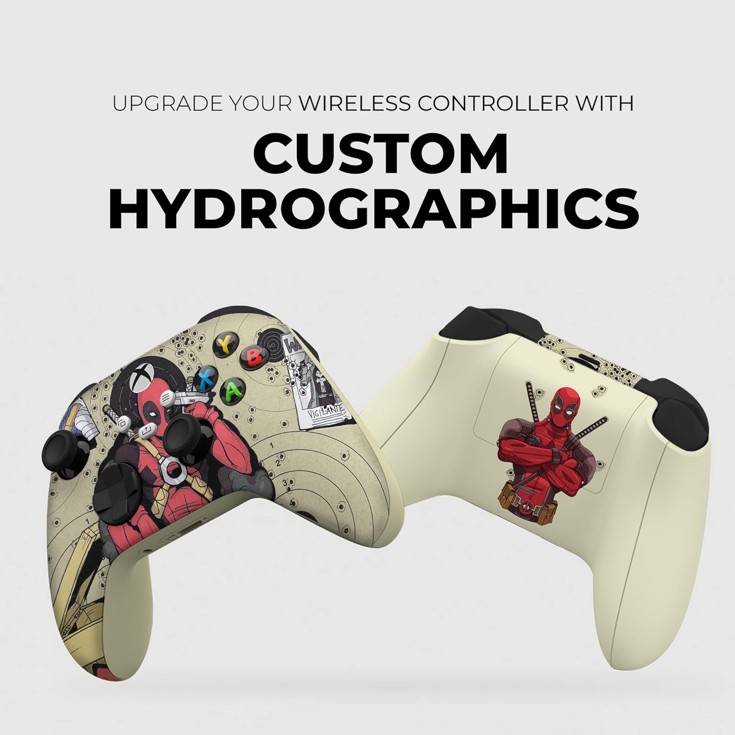 Beige wireless Xbox controller set, showing Deadpool comic headshot on the grips