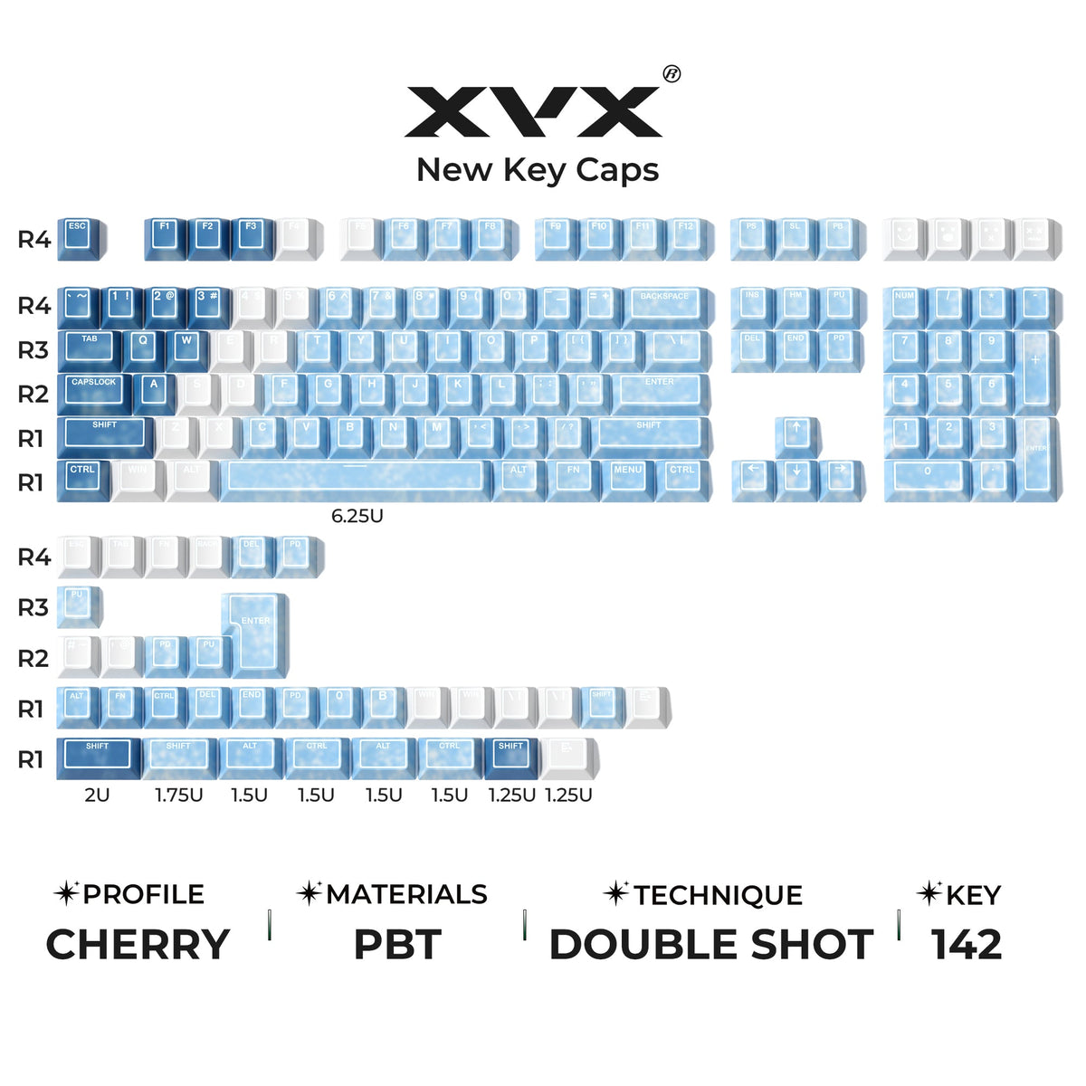 Cherry profile PBT keycap set with light-blue legends and double-shot translucent shine-through