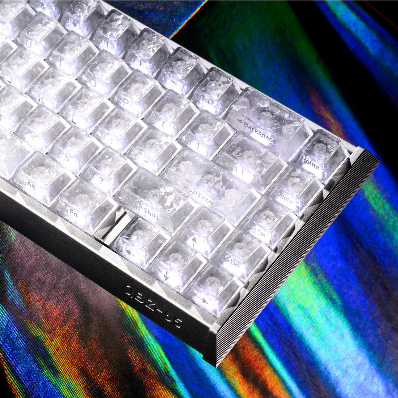Clear cherry-profile PC keycaps, side-printed legends set on metal plate