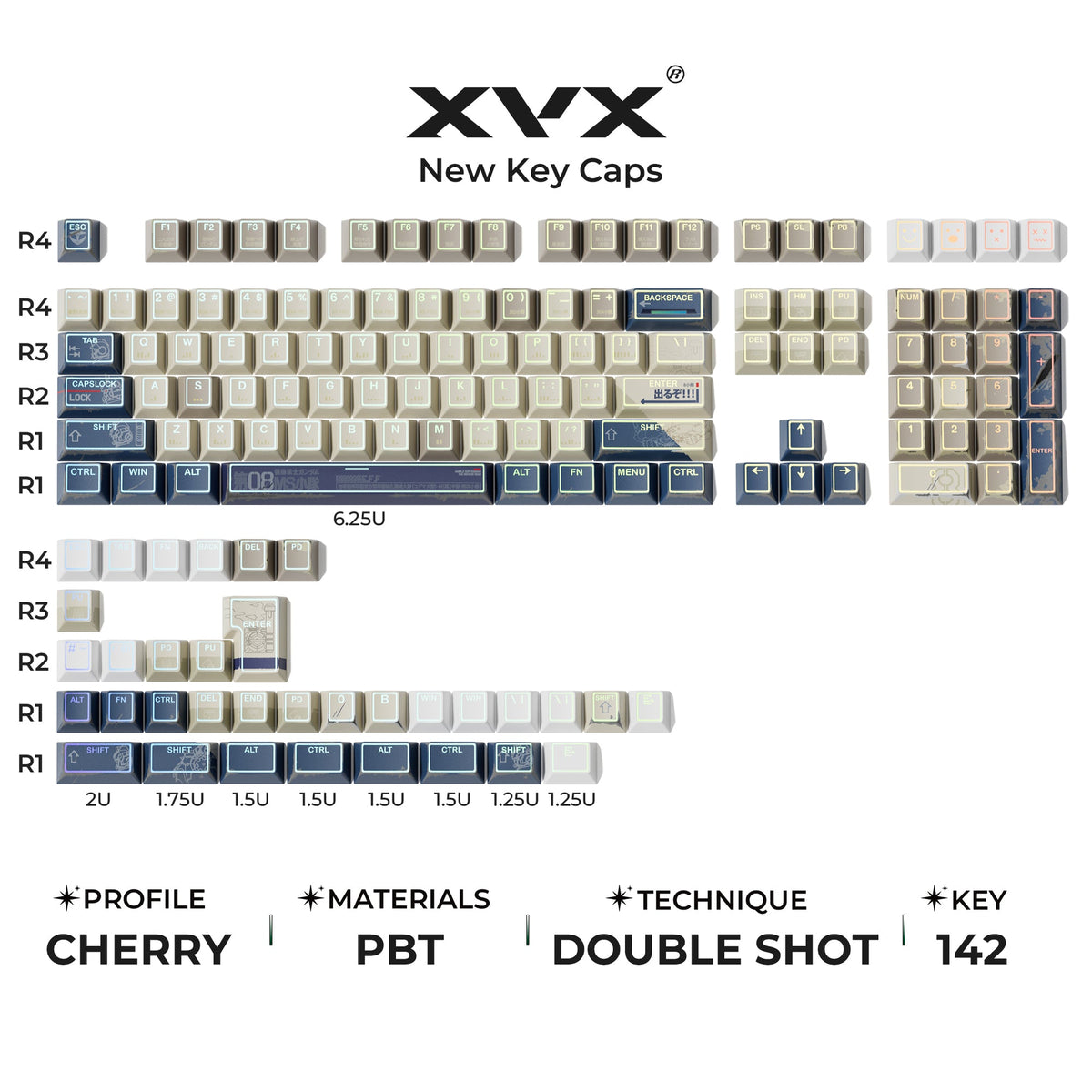 Cherry-profile PBT keycap set, cream and blue accent keycaps in a 142-key layout.