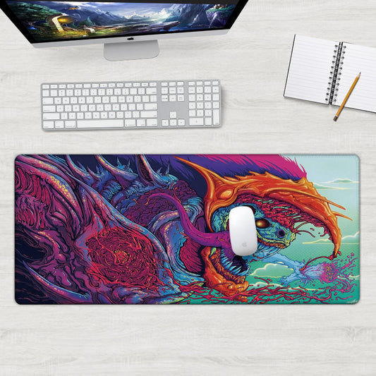 Rectangular mouse pad with vivid multicolor dragon artwork, teal background, stitched edges
