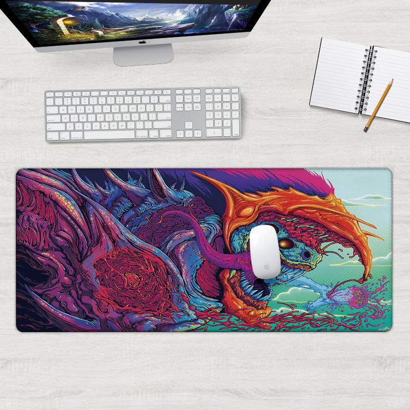 Rectangular gaming mouse pad with dragon breathing fire over sea waves pattern