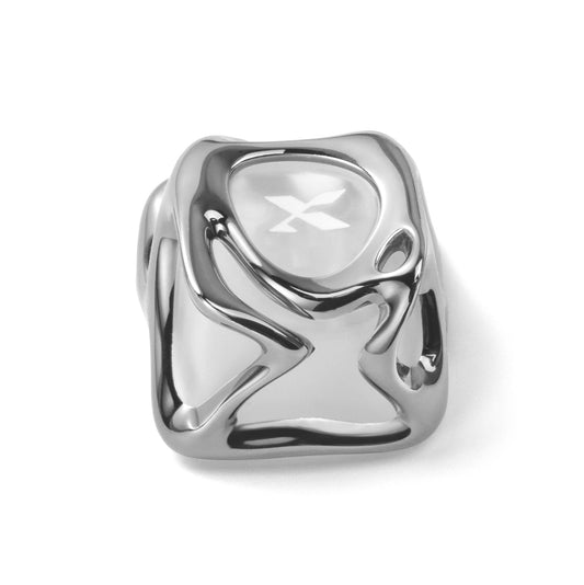 Silver liquid-metal electroplating keycap with star cutout and glossy sculpted top.