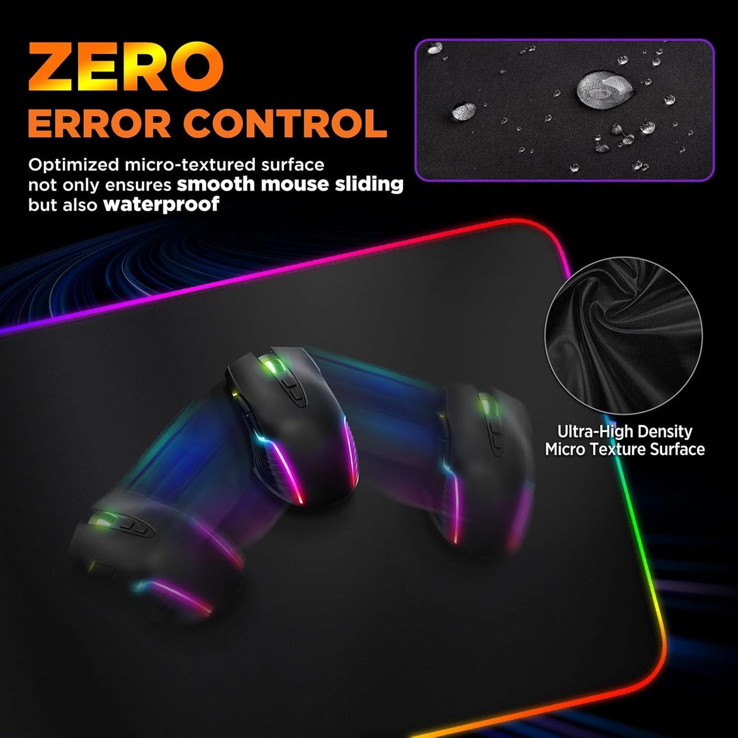 Black gaming mouse pad with micro-textured, water-resistant surface and RGB edge