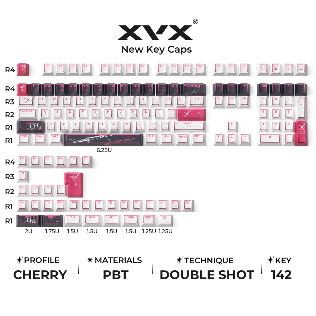 Cherry-profile keycap set layout with white and dark keycaps, pink accent legends