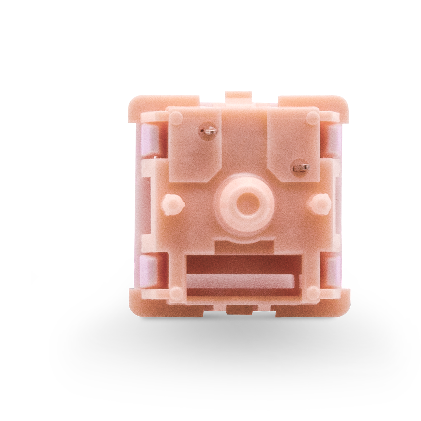 Kinetic tactile switch underside, orange-pink base with screw holes and pins