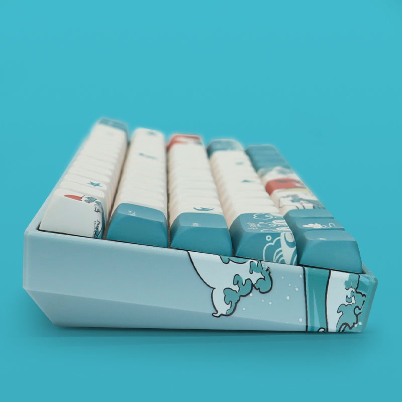 Side view of wave-themed 61-key keyboard with white and teal keycaps