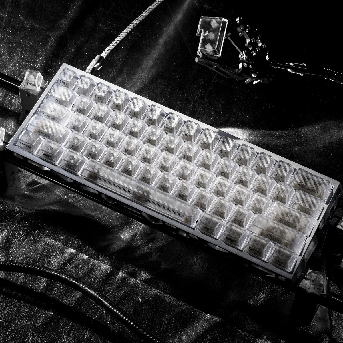 Clear translucent cherry-profile keycap set on keyboard plate, full row view
