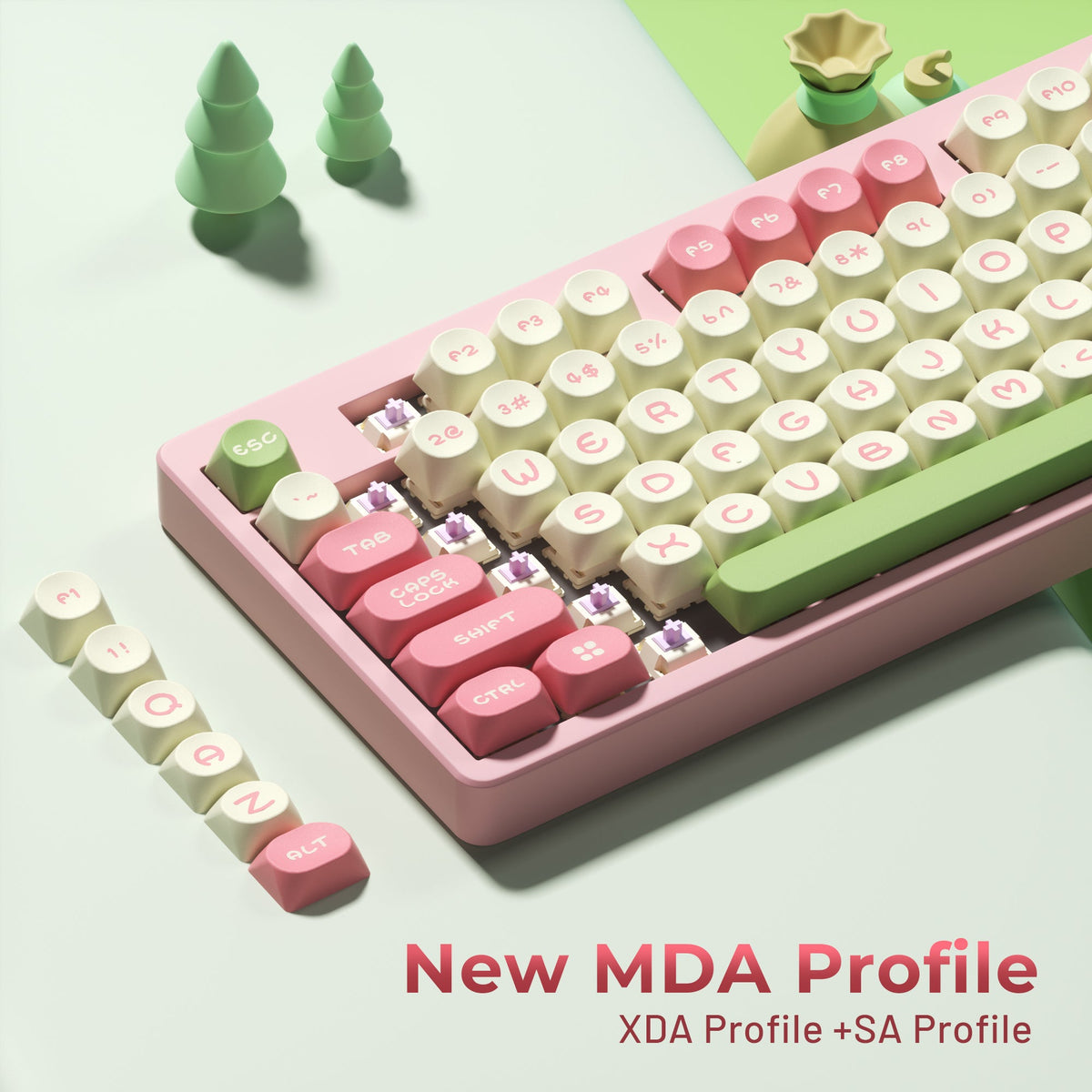 Pastel keyboard keycap set with green and pink caps, sculpted profiles, visible legends