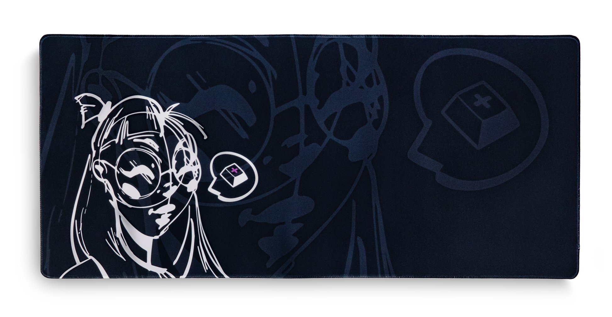 Dark navy desk mat with white anime portrait and gaming icon pattern print