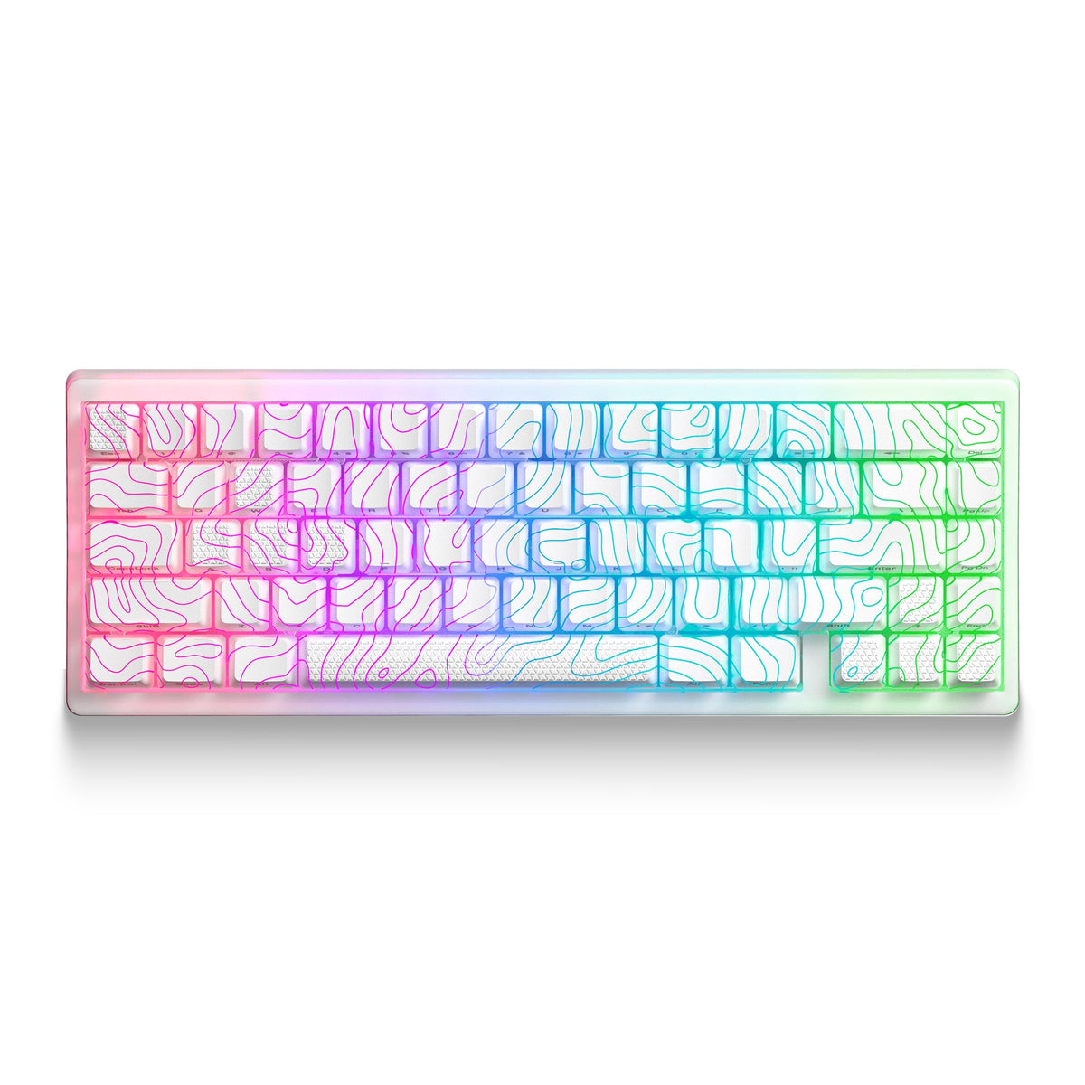 Stellar White mechanical keyboard with colorful RGB backlit keycaps in a clear plate
