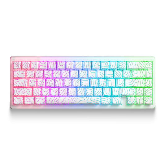 Stellar White mechanical keyboard with colorful RGB backlit keycaps in a clear plate