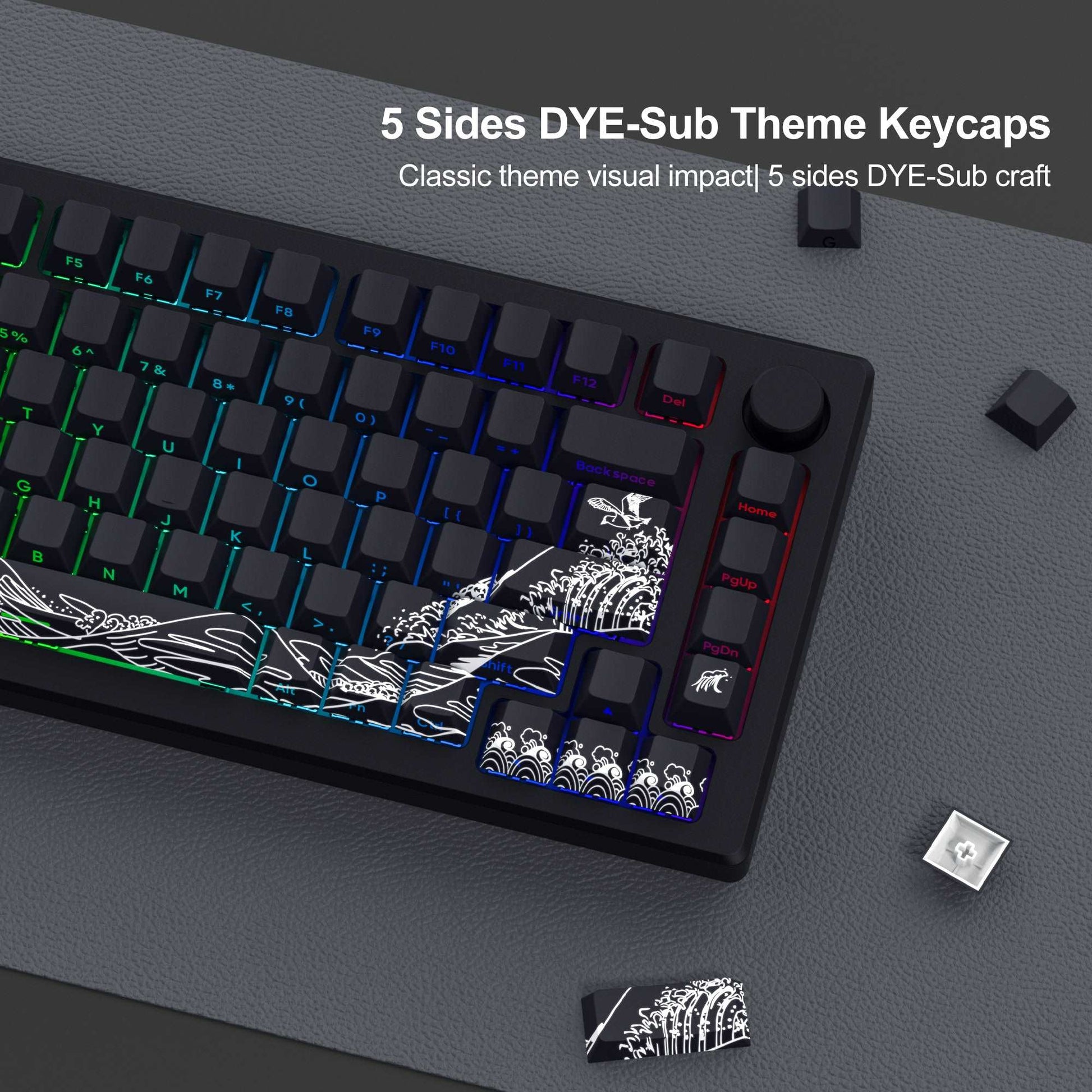 Black keycap set with neon-green RGB backlighting and white wave side graphics