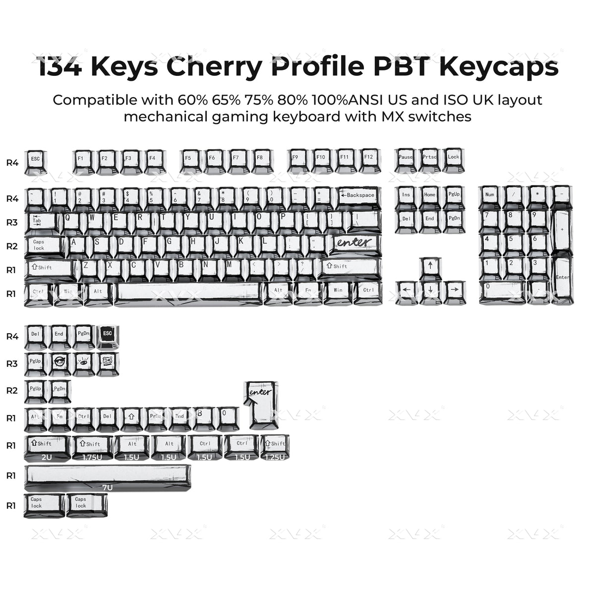 134-key Cherry-profile PBT keycap layout diagram with white key legends