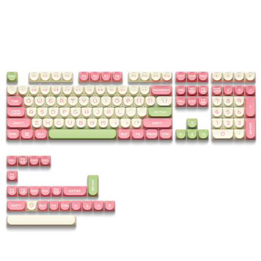 Colorful PBT keycap set with pastel pink and green keys, double-shot legends