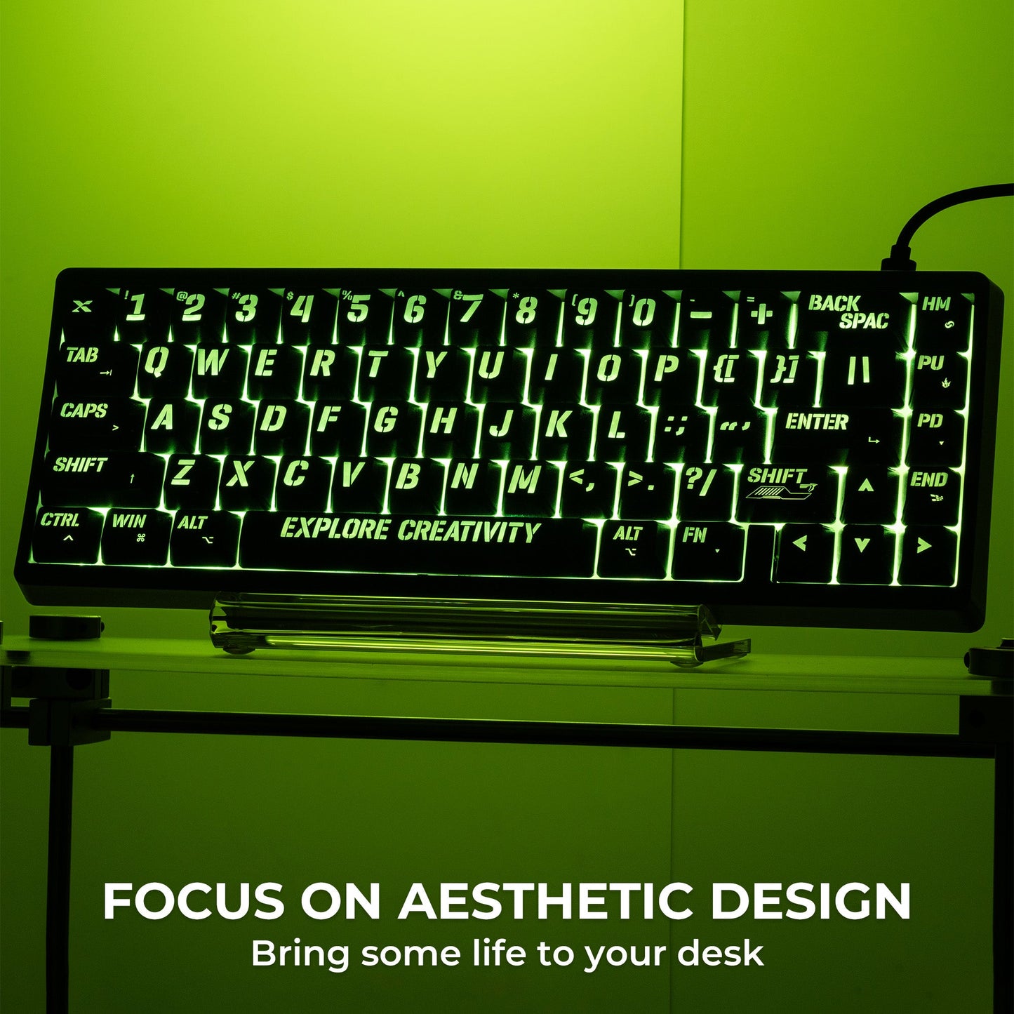 Black keyboard with neon glow shine-through keycaps showing letters and function keys