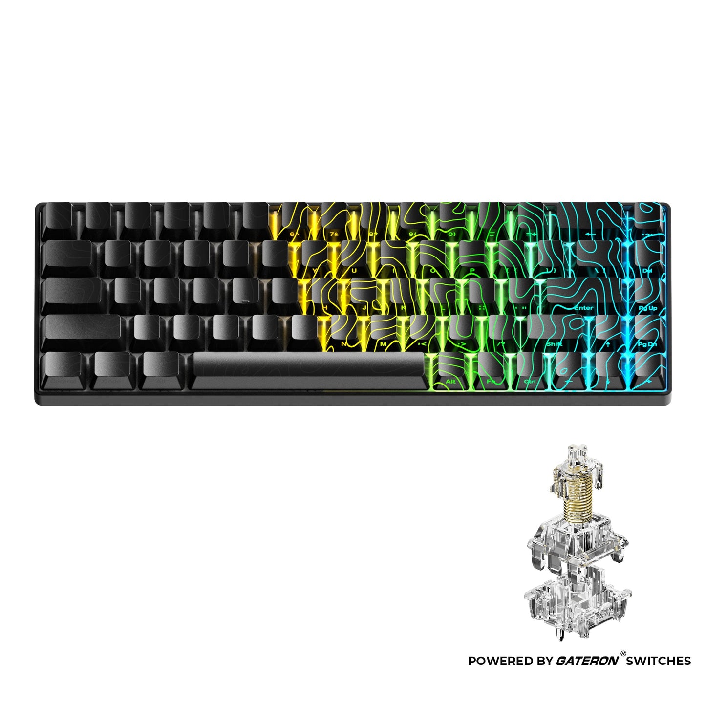 Gaming keyboard with black keycaps and neon topographic pattern plus clear white magnetic switch