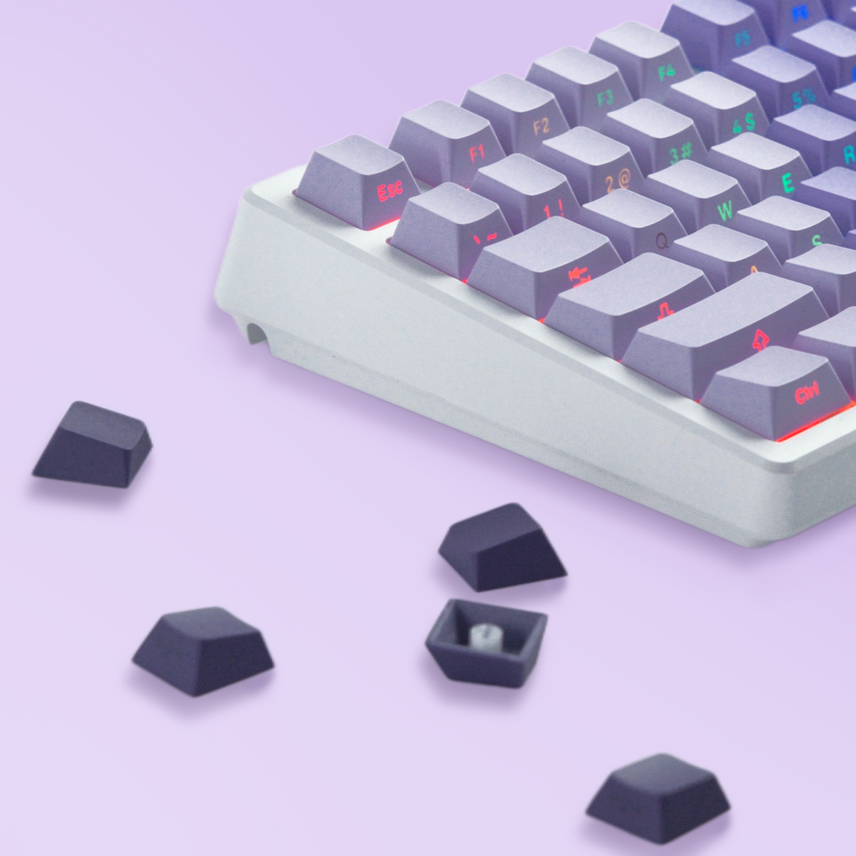 Cherry-profile keycap set on a keyboard frame, light gray keys with red legends