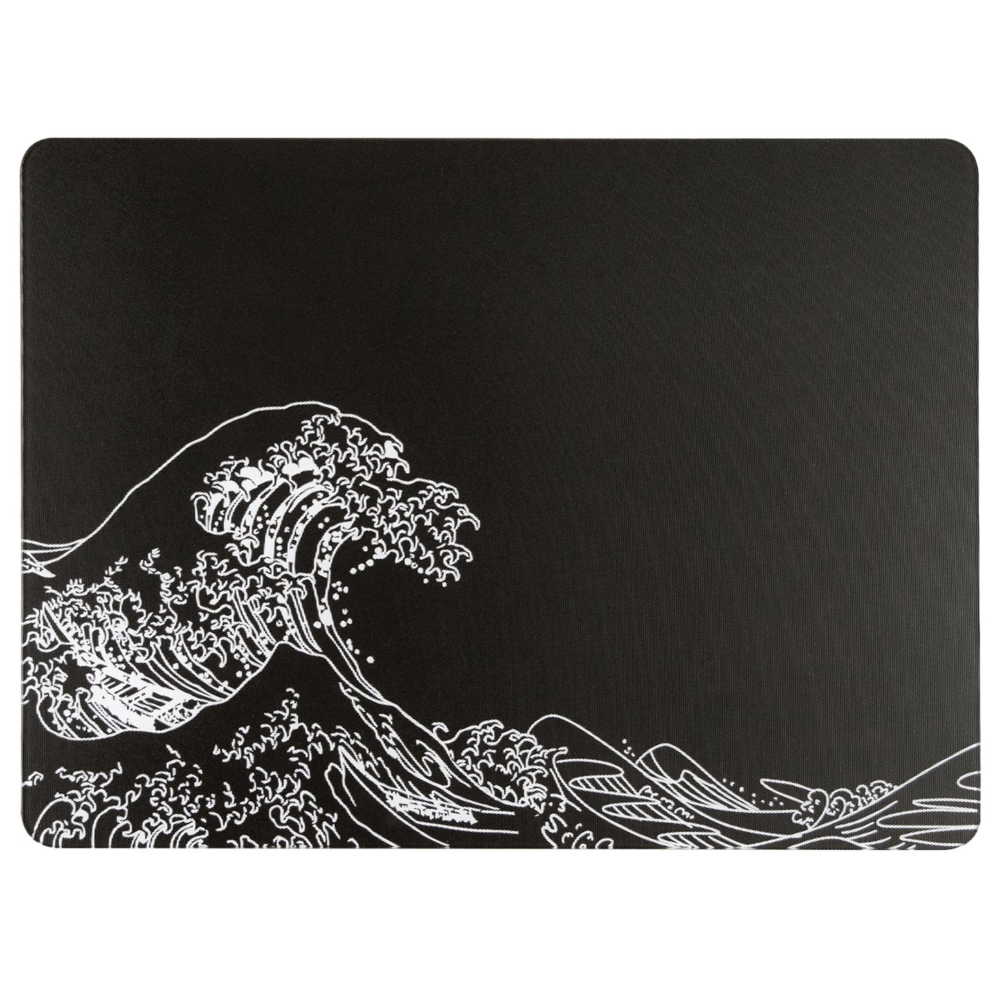 Tempered glass mouse pad with charcoal finish and white wave illustration