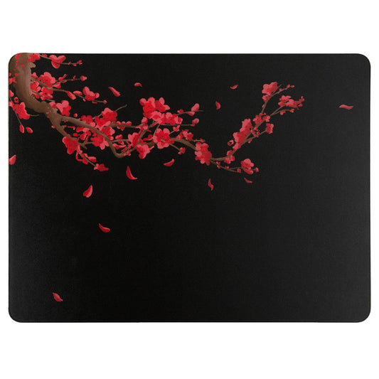 Tempered glass mouse pad with red cherry blossom branches on dark background