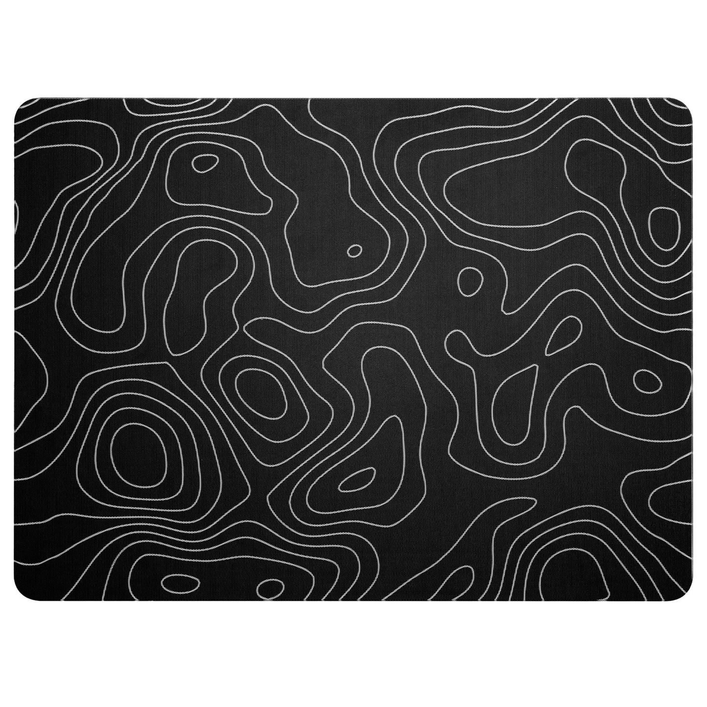 Tempered glass mouse pad with black topographic contour lines on dark background