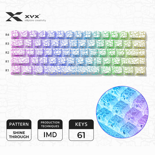 Ice crack pattern shine-through keycaps with purple-blue-green gradient (61 keys)