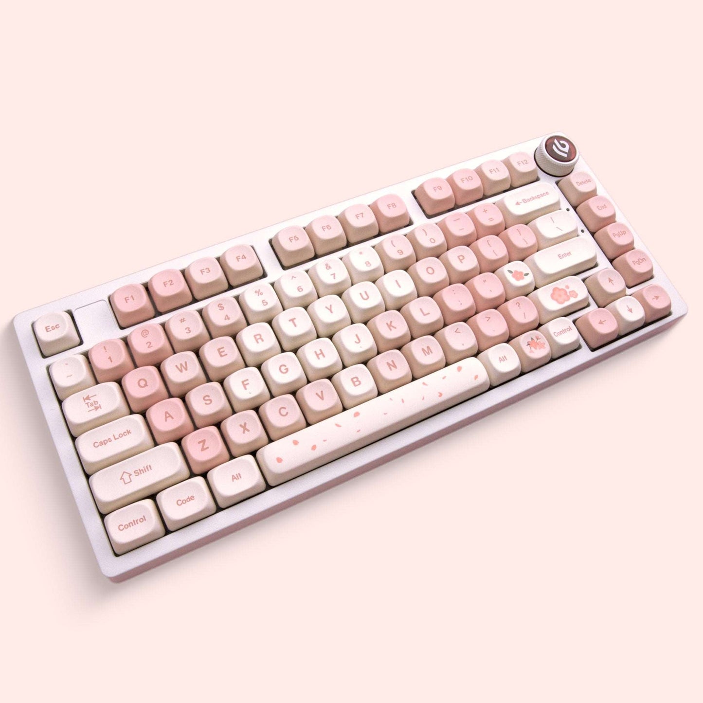 Pastel pink and cream MOA keycap set with Sakura-style legends, 143 keys