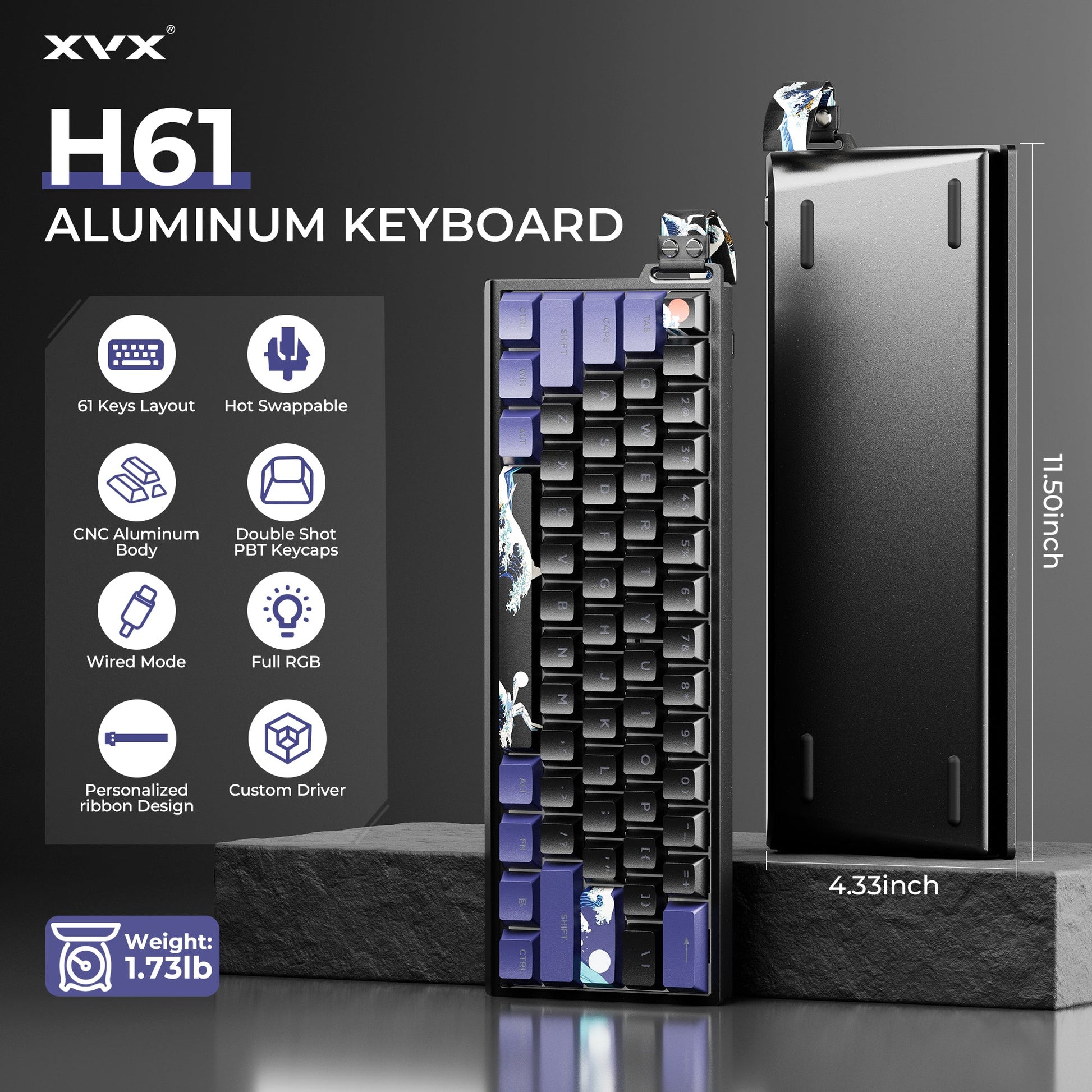 Aluminum mechanical keyboard with ocean-themed keycaps and blue RGB highlights, standing view