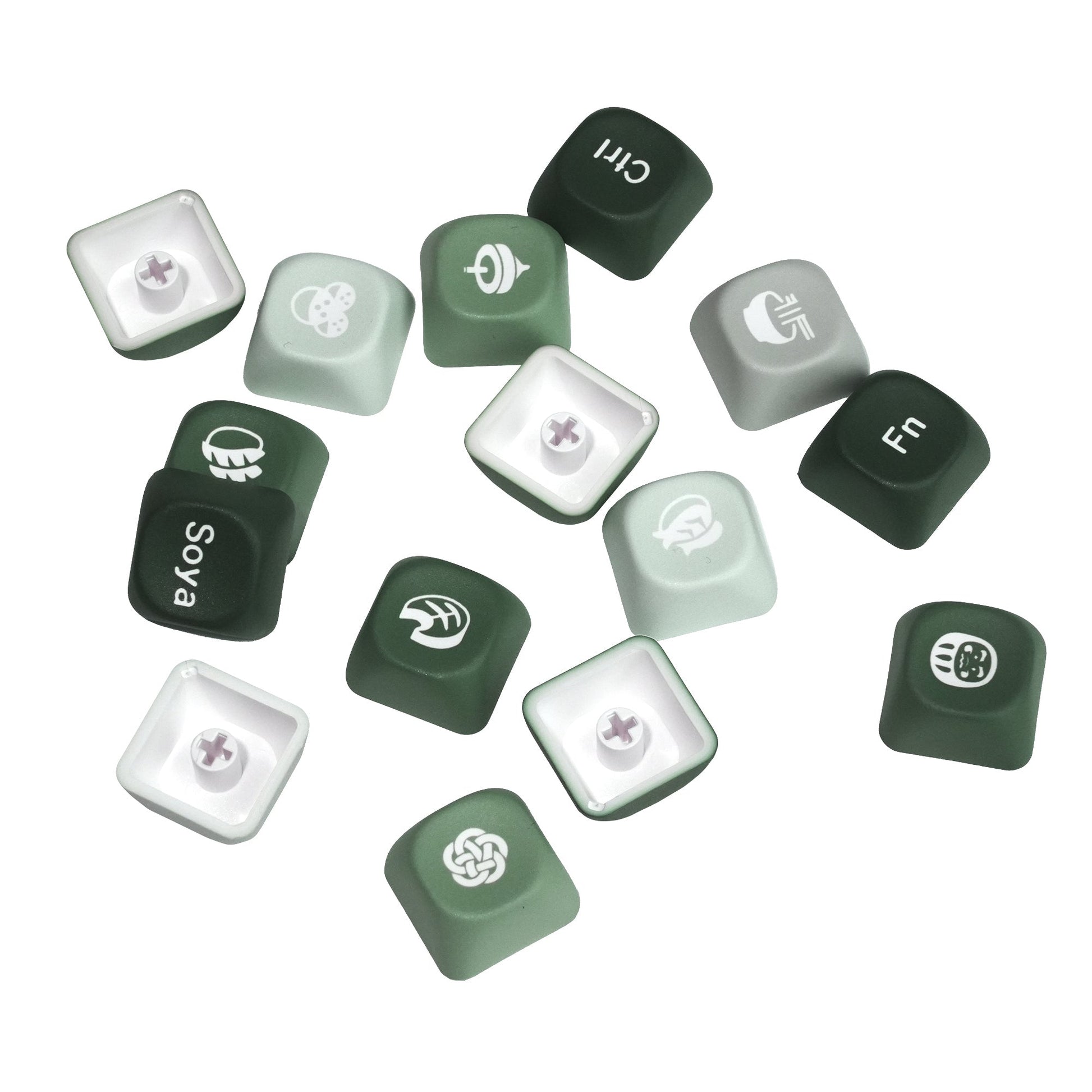 PBT keycap set pieces, assorted green and white keycaps with small icon symbols