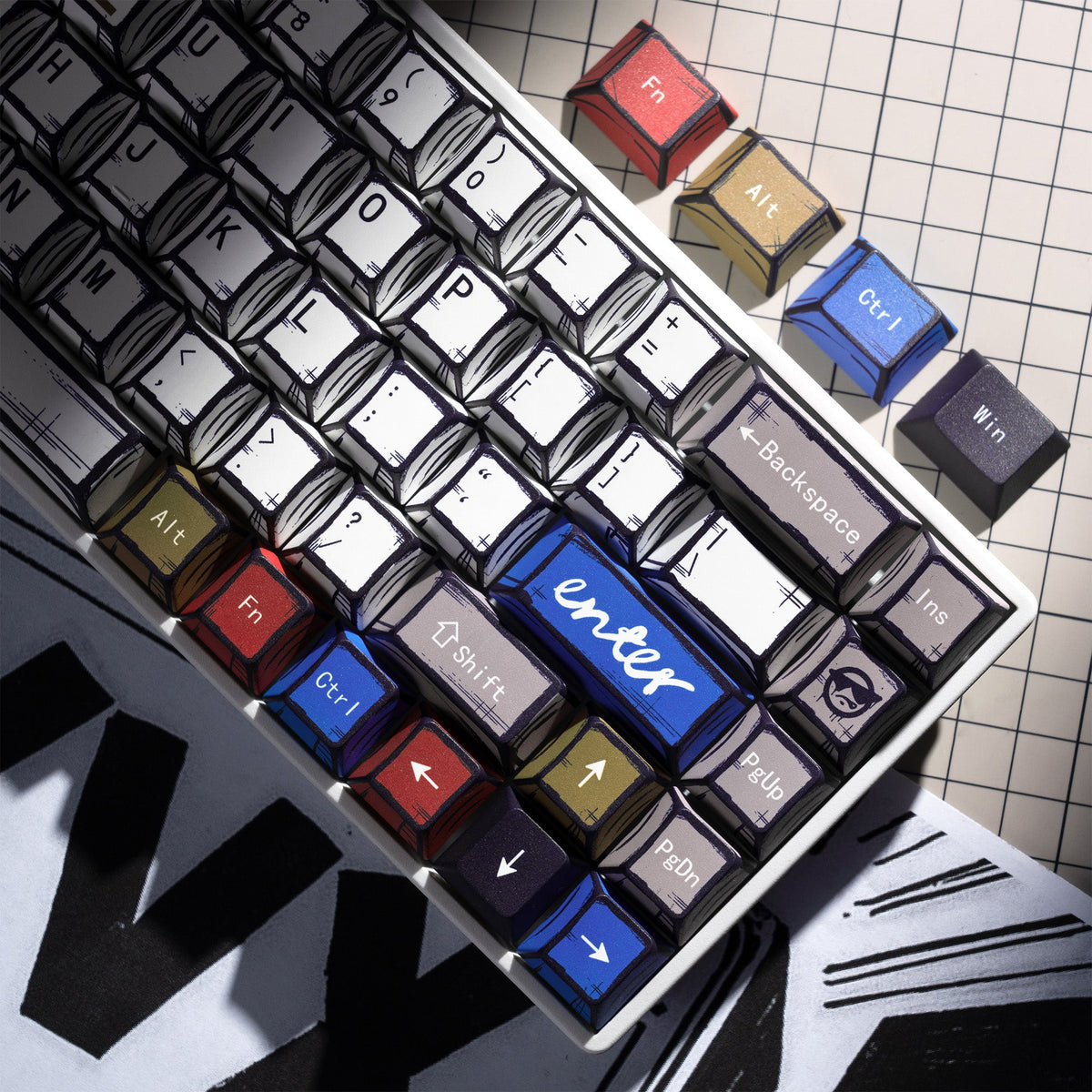 Cherry-profile keycap cluster with black, white, blue, and red accent legends