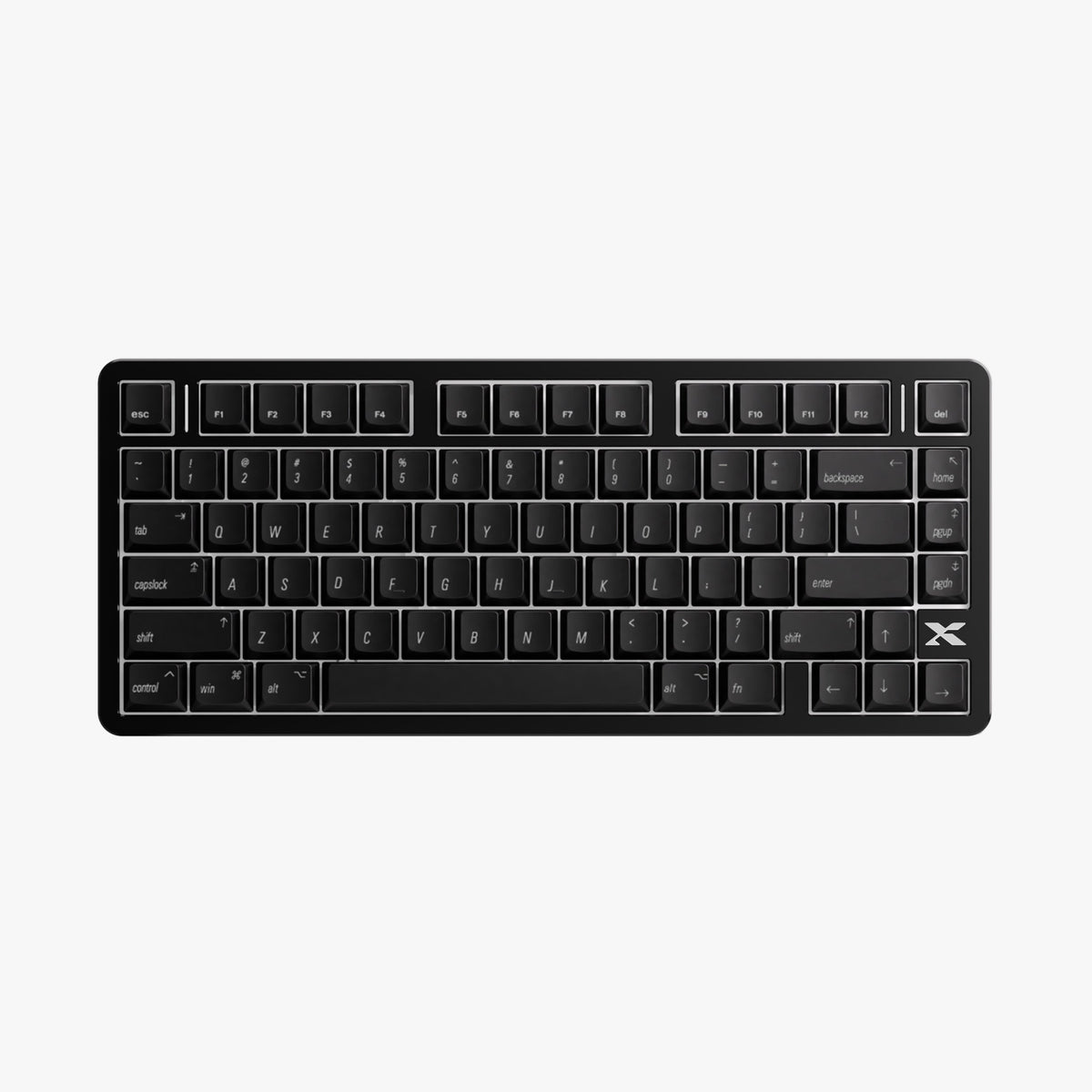Low-profile mechanical keyboard with black keycaps, unlit key layout
