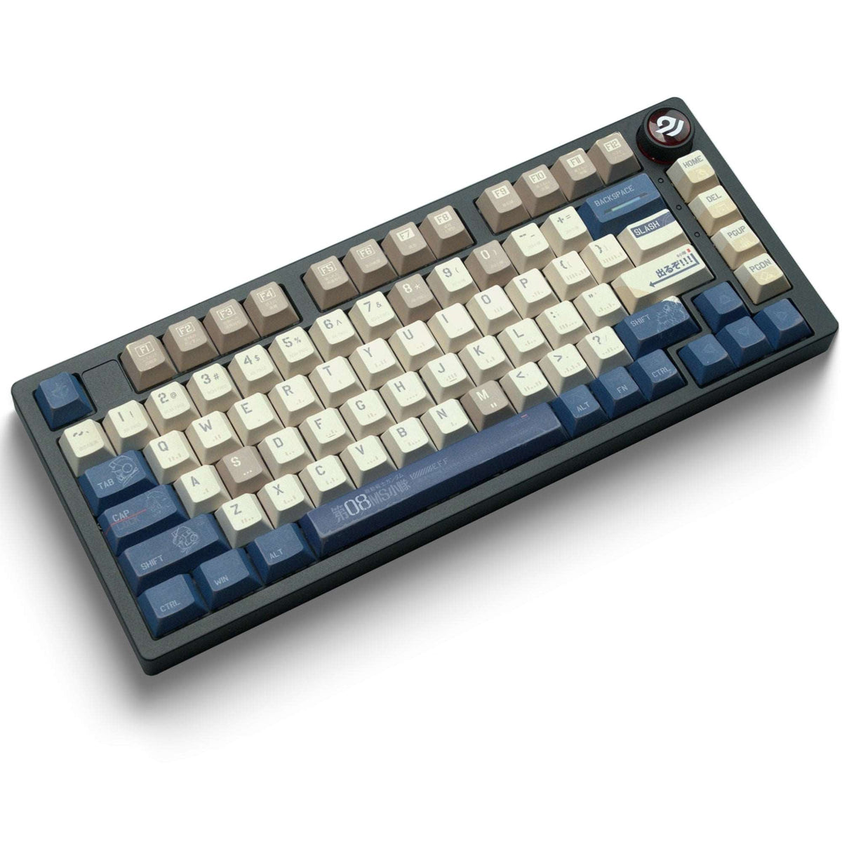 143-key cherry-profile keycap set in cream and blue with printed legends across the keyboard