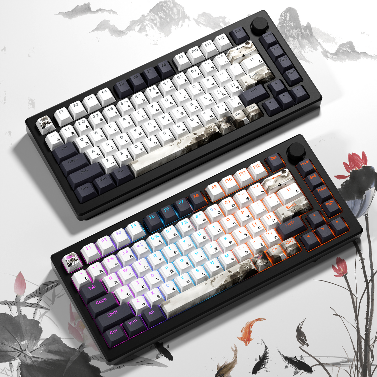 Keycap set display with white and dark keys and colorful legends, lotus artwork accents