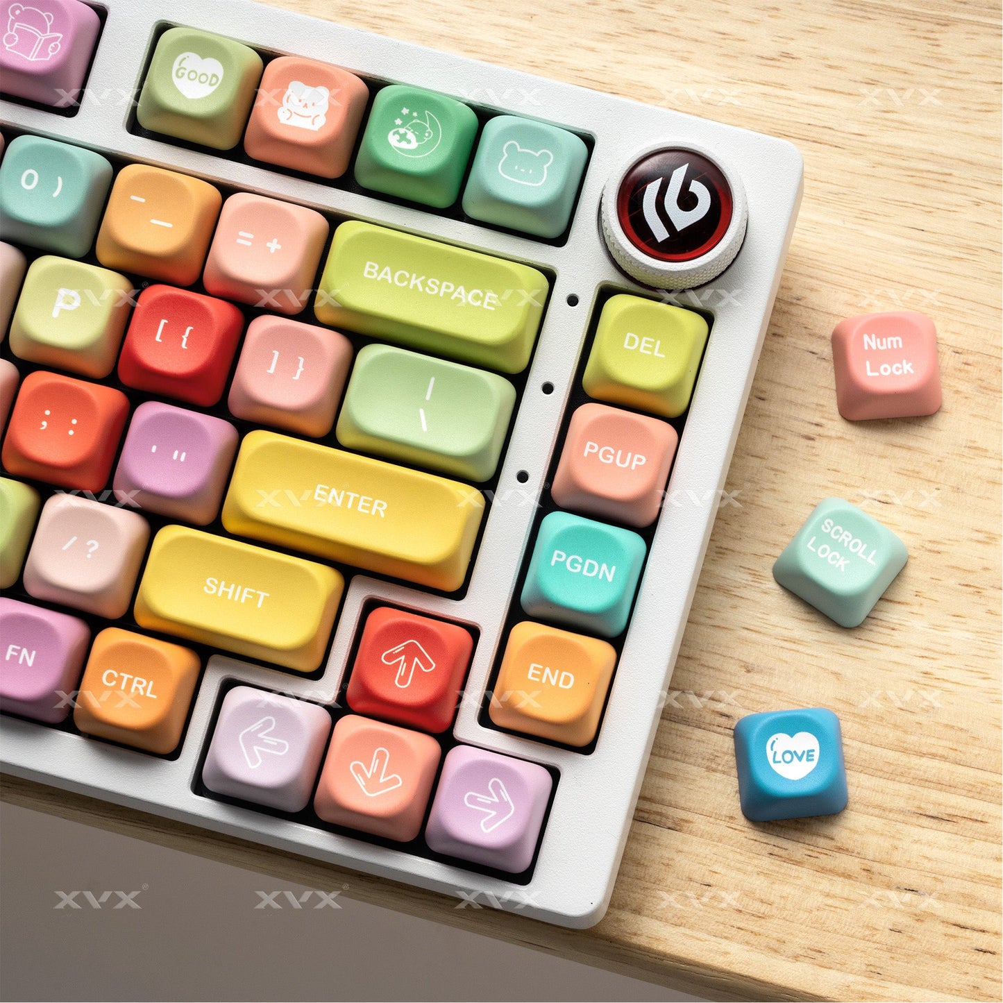 Keycap set with colorful function keys, backspace, arrows, and Num Lock key