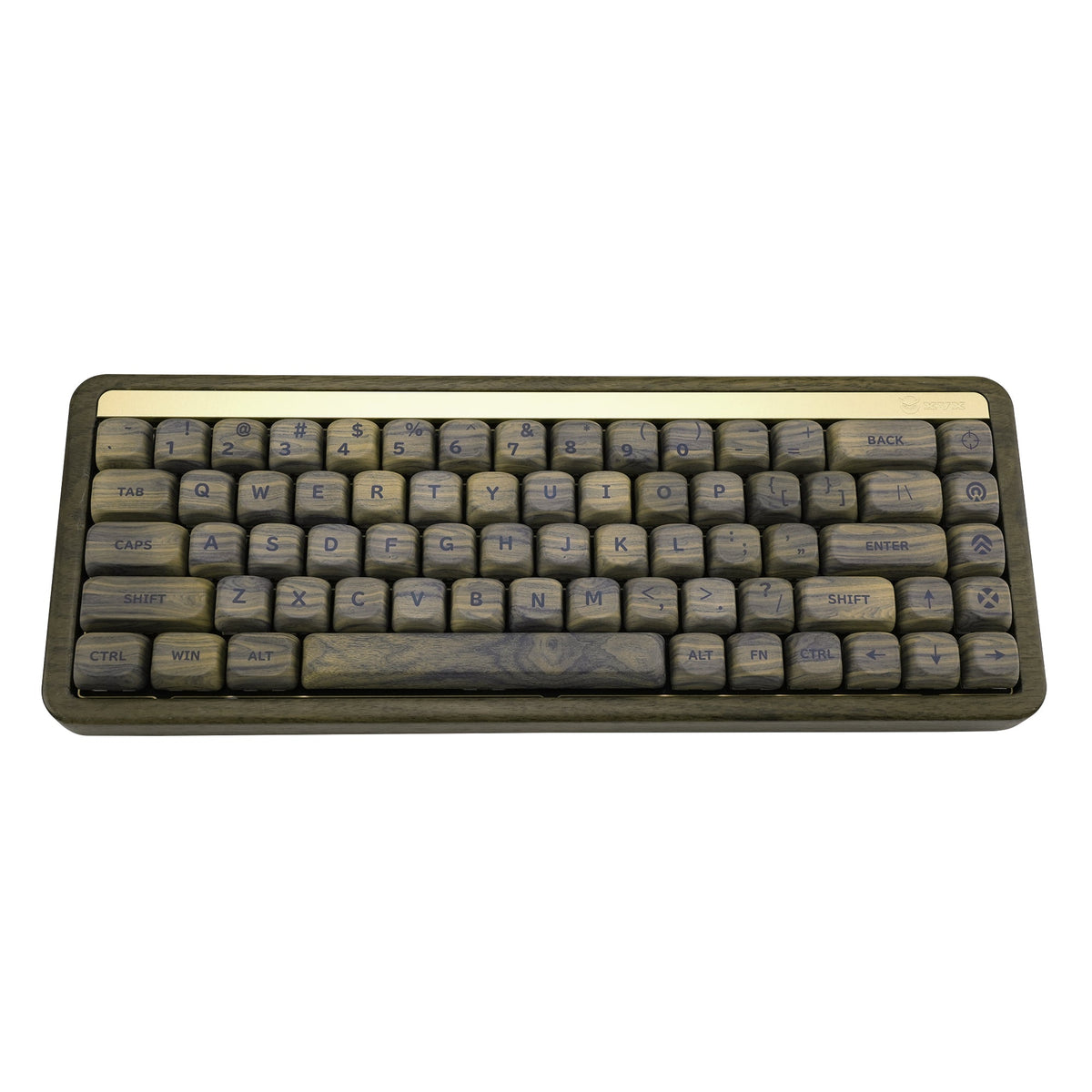Wood-grain keycap set installed on a compact keyboard with full legend layout