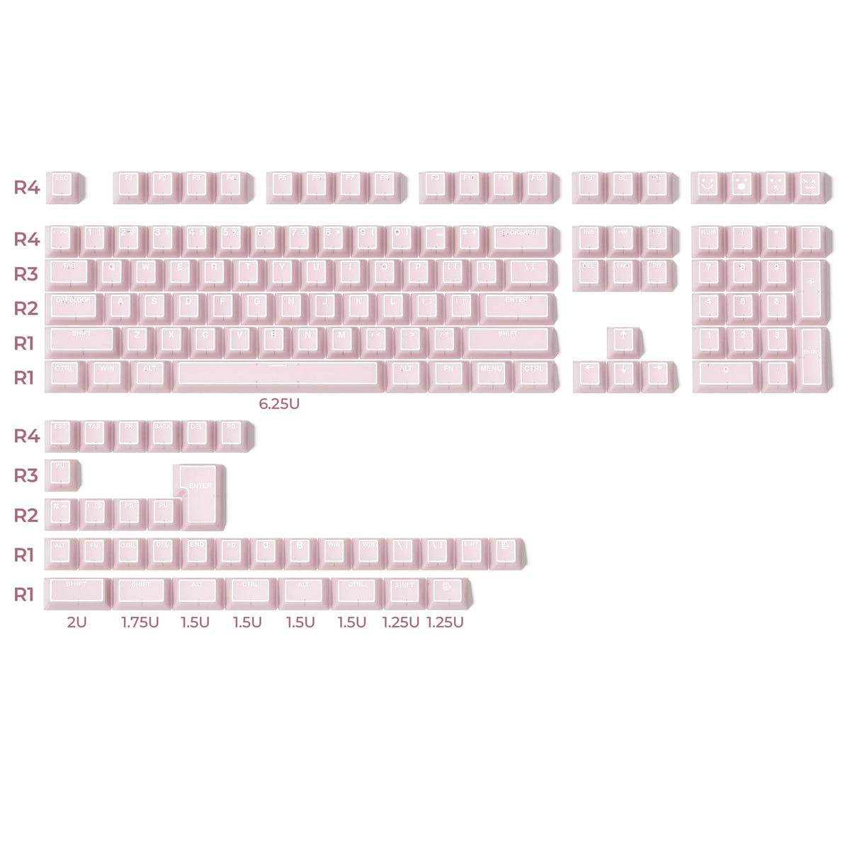 Cherry-profile PBT keycap set, light pink translucent keycaps with shine-through legends.