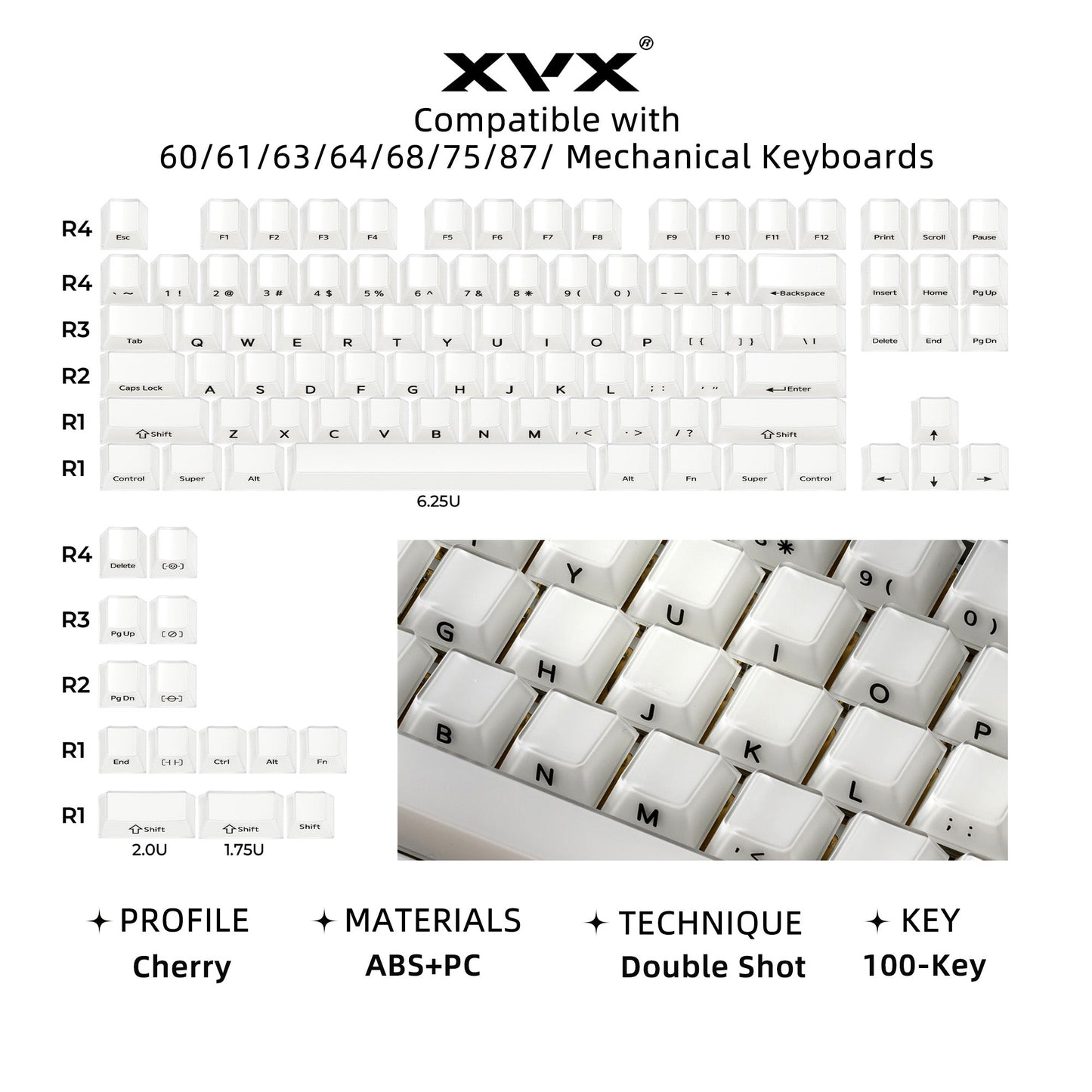Mechanical keyboard keycap set, white translucent caps with blue-printed legends.
