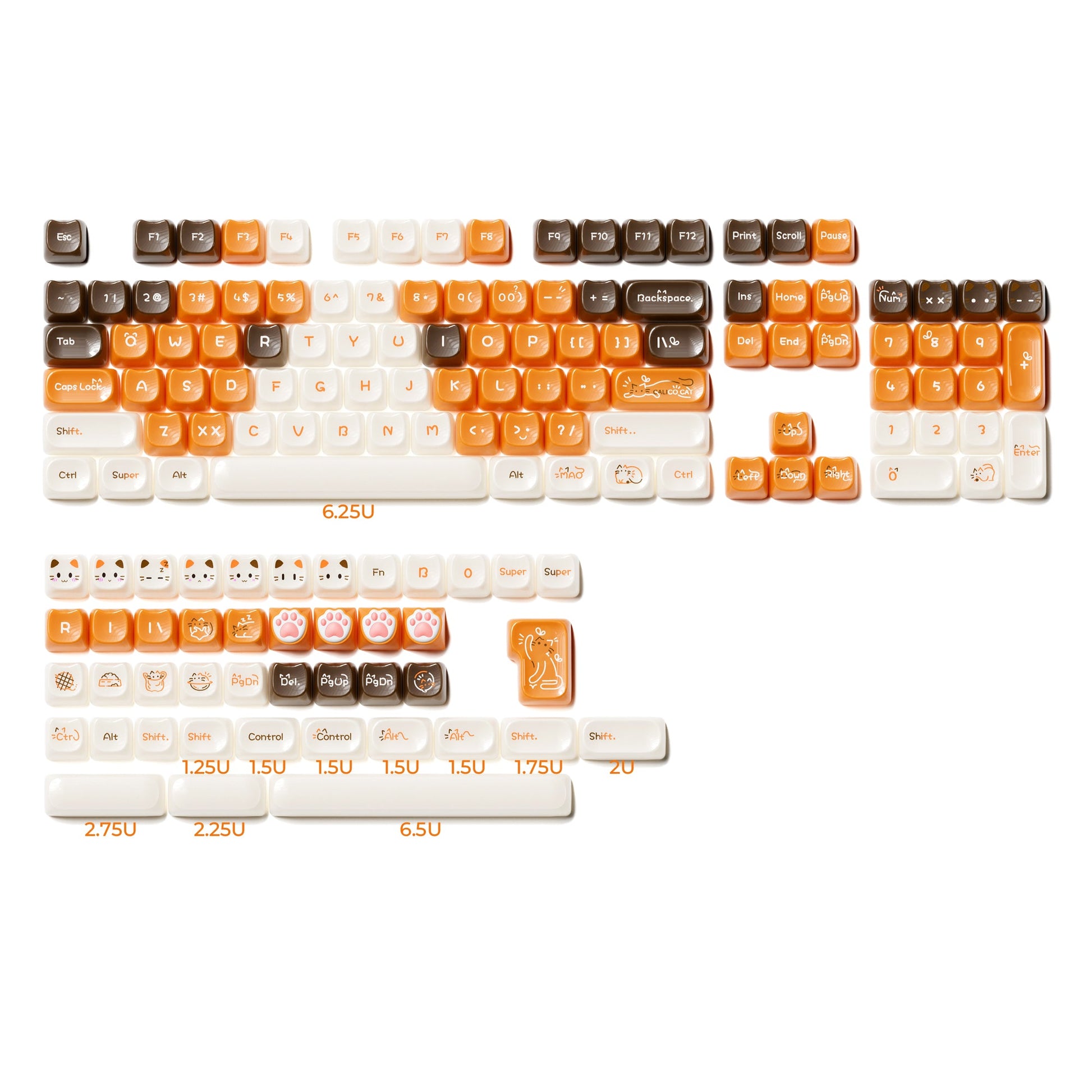 Orange and white cat-themed keycap set on a keyboard layout, 149-key MAO profile