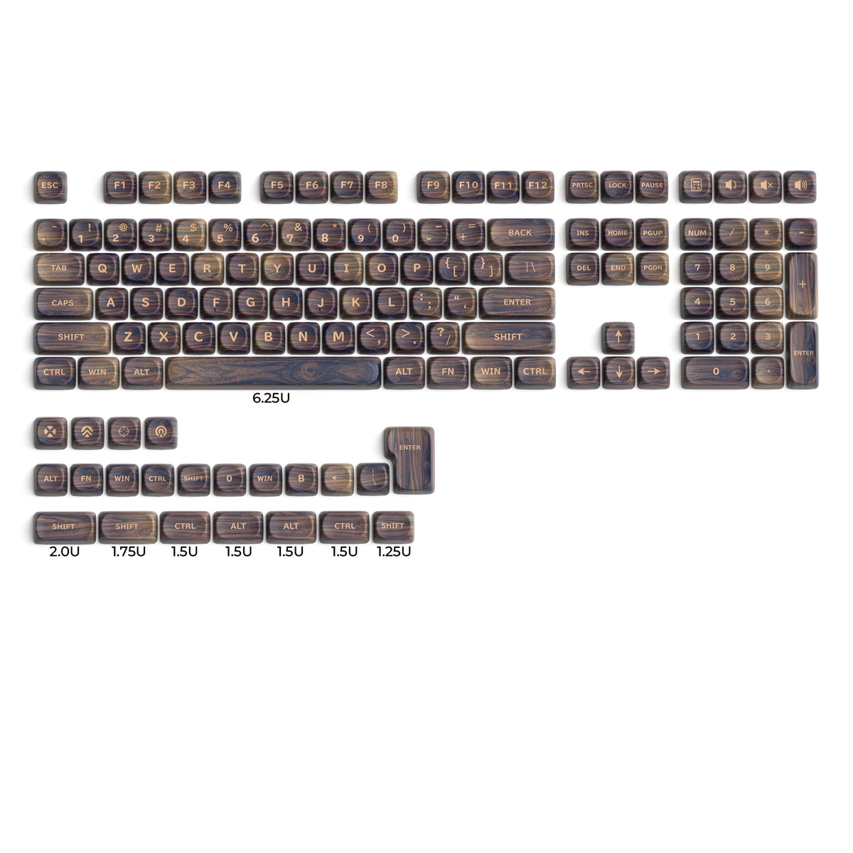 MOA profile keycap set with dark wood-grain look and labeled alphanumerics, 130-key layout