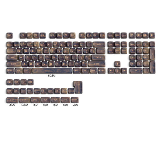 MOA profile keycap set with dark wood-grain look and labeled alphanumerics, 130-key layout