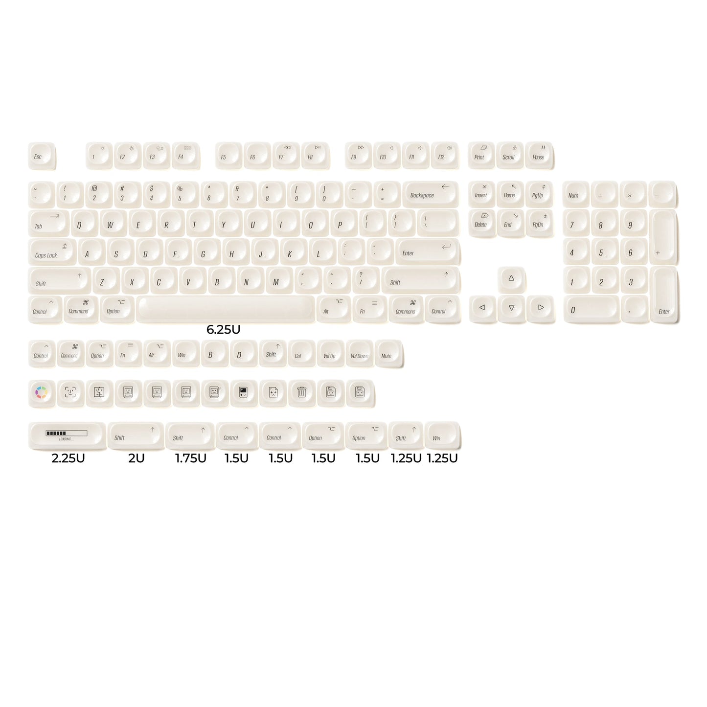 Translucent white keycap set layout with Japanese legends and size labels, 139-key