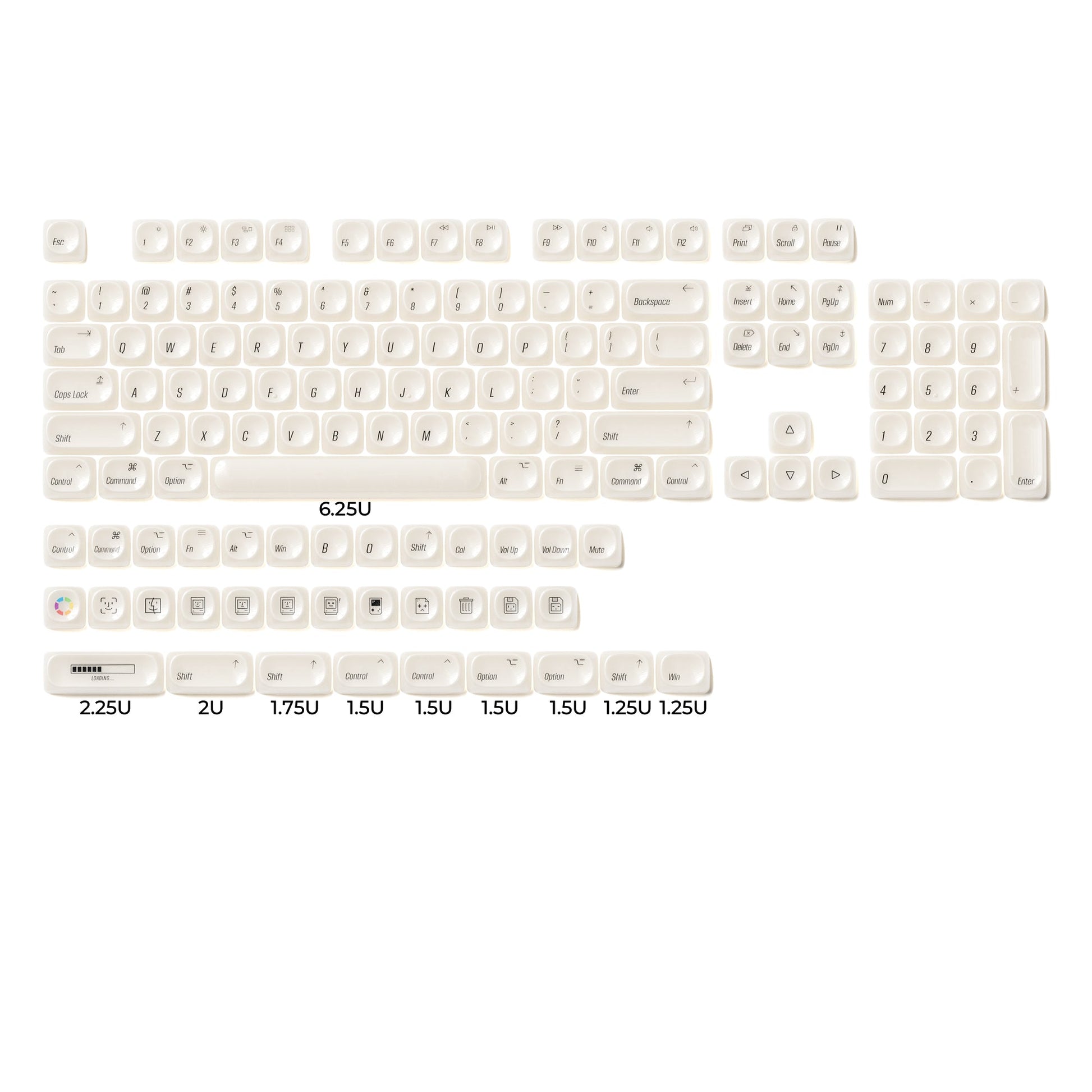 Translucent white keycap set layout with Japanese legends and size labels, 139-key
