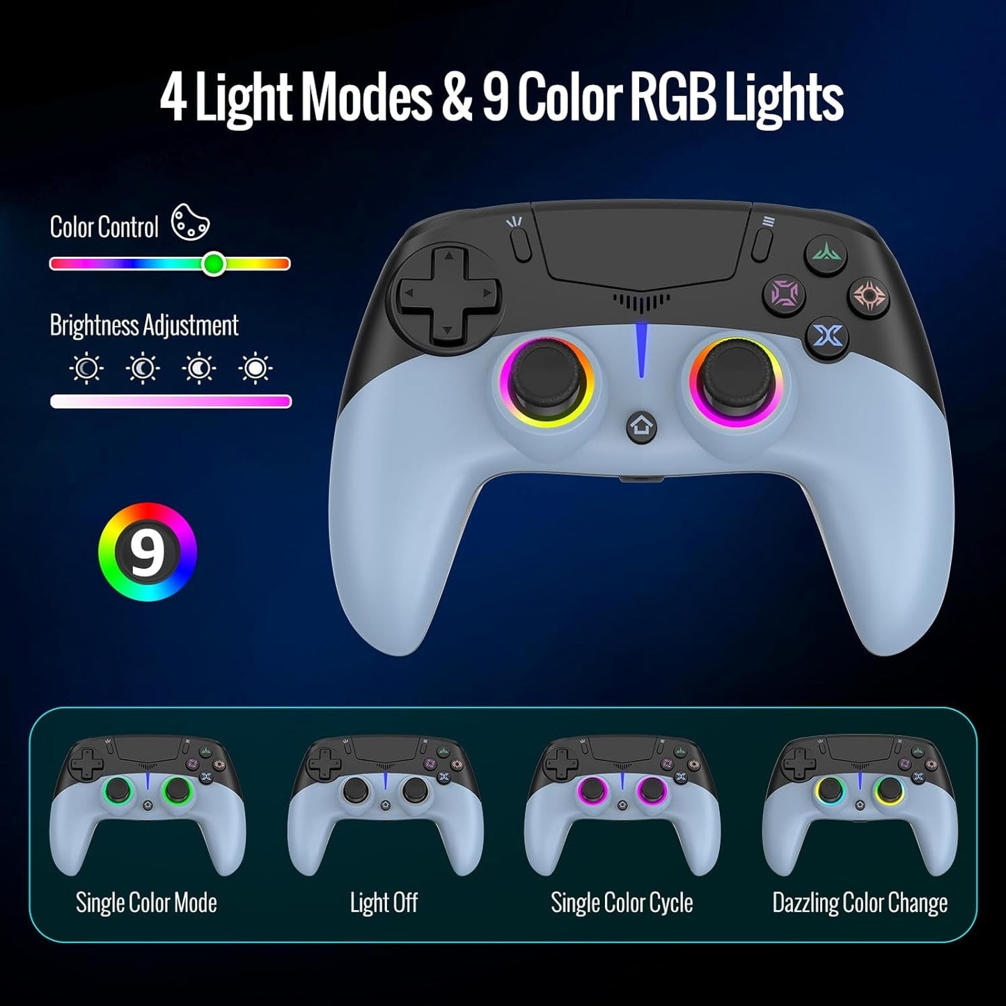 Black and sky blue wireless game controller with RGB light bar and illuminated buttons