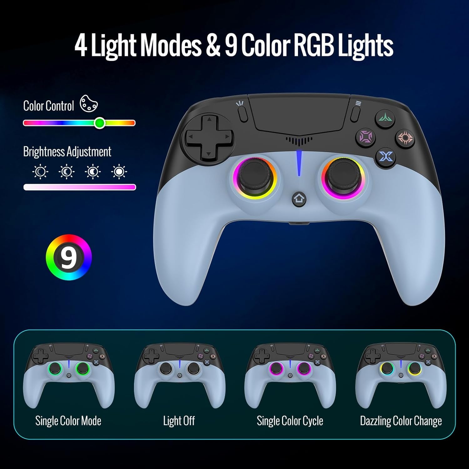 Black and sky blue wireless game controller with RGB light bar and illuminated buttons