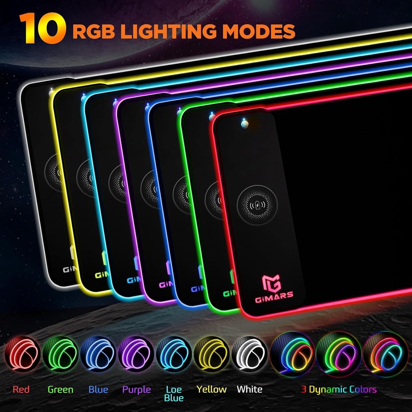 Black gaming mouse pad with RGB lighting modes, glowing border and wireless charging icon